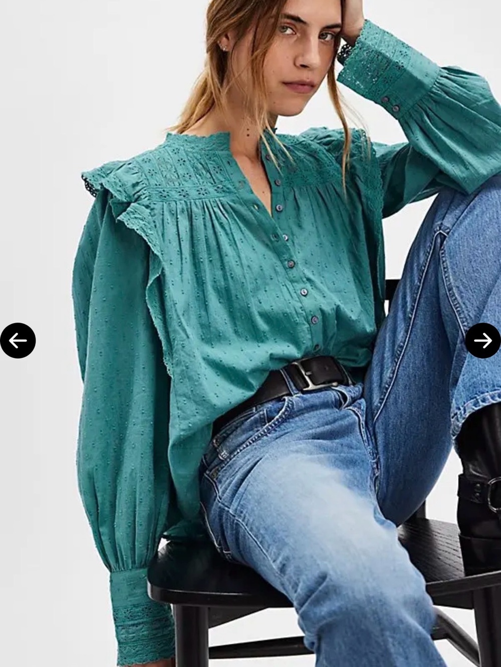 Free People Ethereal Wrapped in a Dream Sea Teal Ruffled Button Top Small cotton